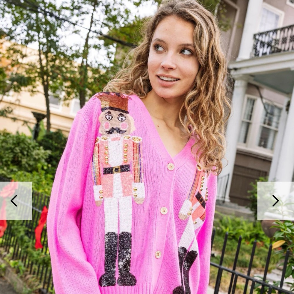 NWOT Queen of Sparkles Hot Pink Nutcracker Cardigan Size Large